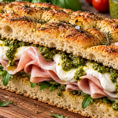 Focaccia garnie de jambon blanc, stracciatella et pesto — 1